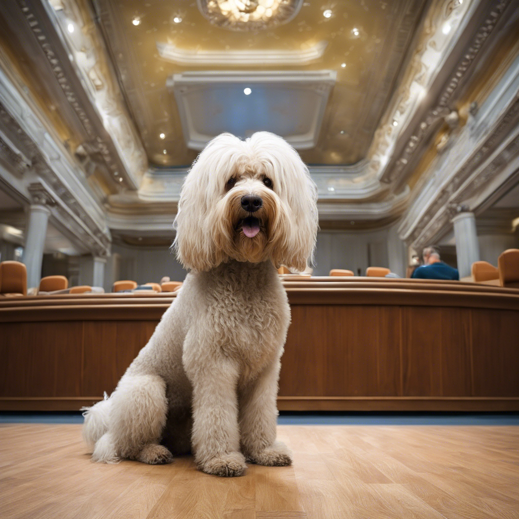 A dog on trial in a courtroom