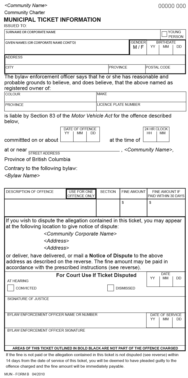 The front of a Form B Municipal Ticket Information, used for motor vehicle bylaw violations